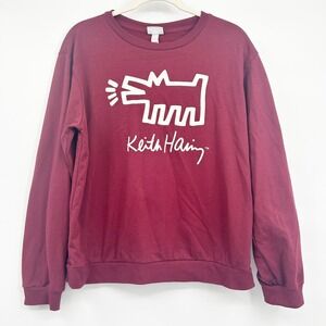 Keith Haring Unisex Burgundy Barking Dog Graphic Pop Art Crewneck Sweatshirt L